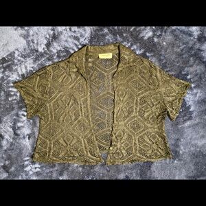 S Vintage Express Tricot Black Crochet short sleeve cardigan w/flower buttons